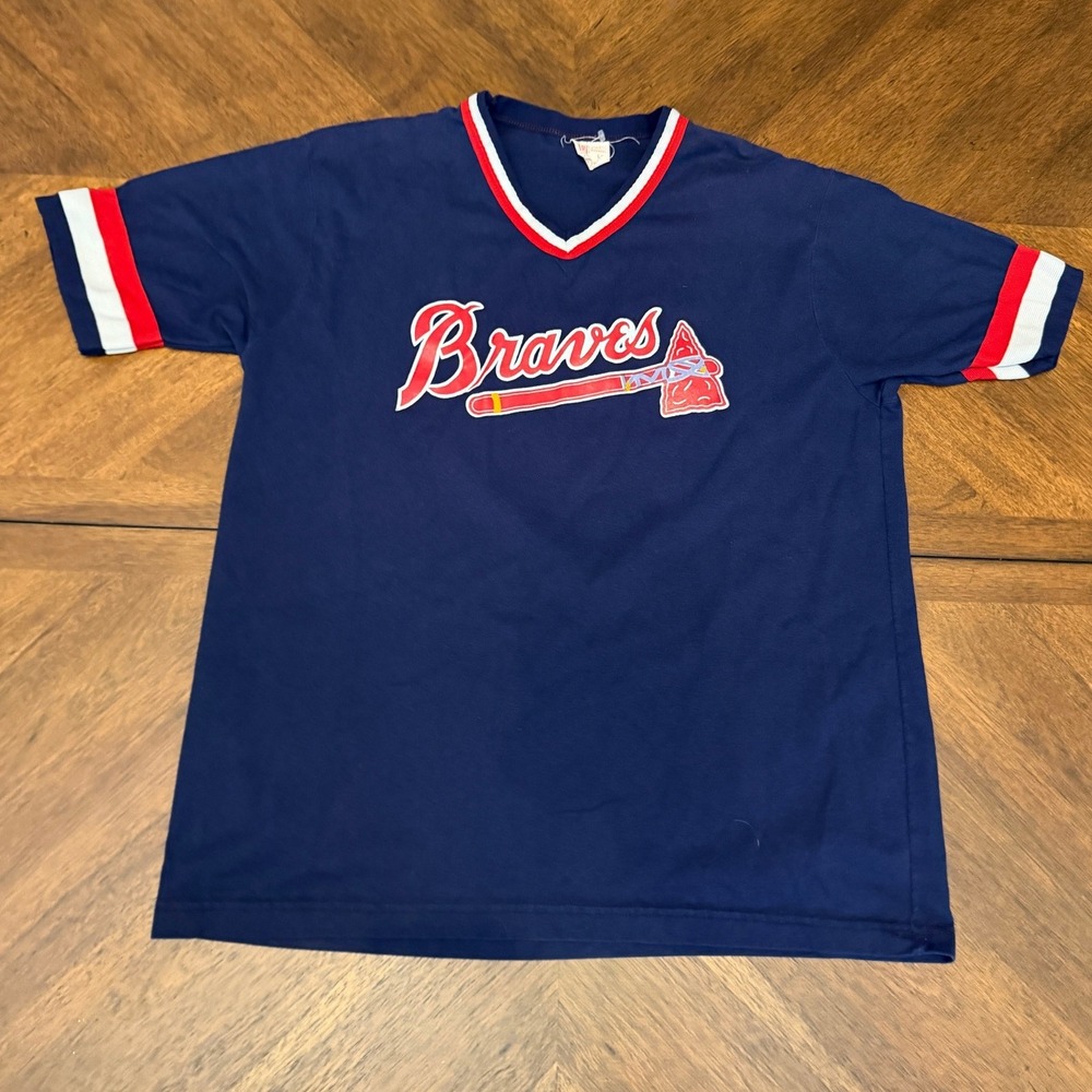 Vintage Howe Atlanta Braves Jersey Shirt‎ Navy Blue V-Neck Sliger 3 Large USA